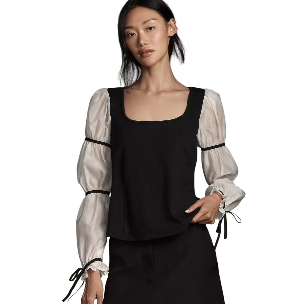 Maeve Anthropologie Balloon Sleeve Top Black Ivory Romantic Textured Blouse S - Picture 3 of 11